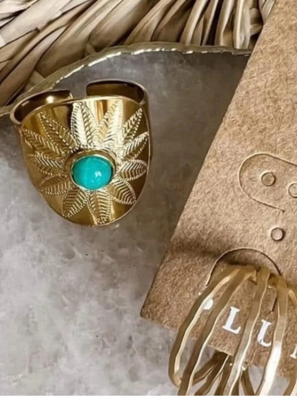 Plunder Design Ellie Gold Tone Faux Turquoise Statement Ring Adjustable NWOT